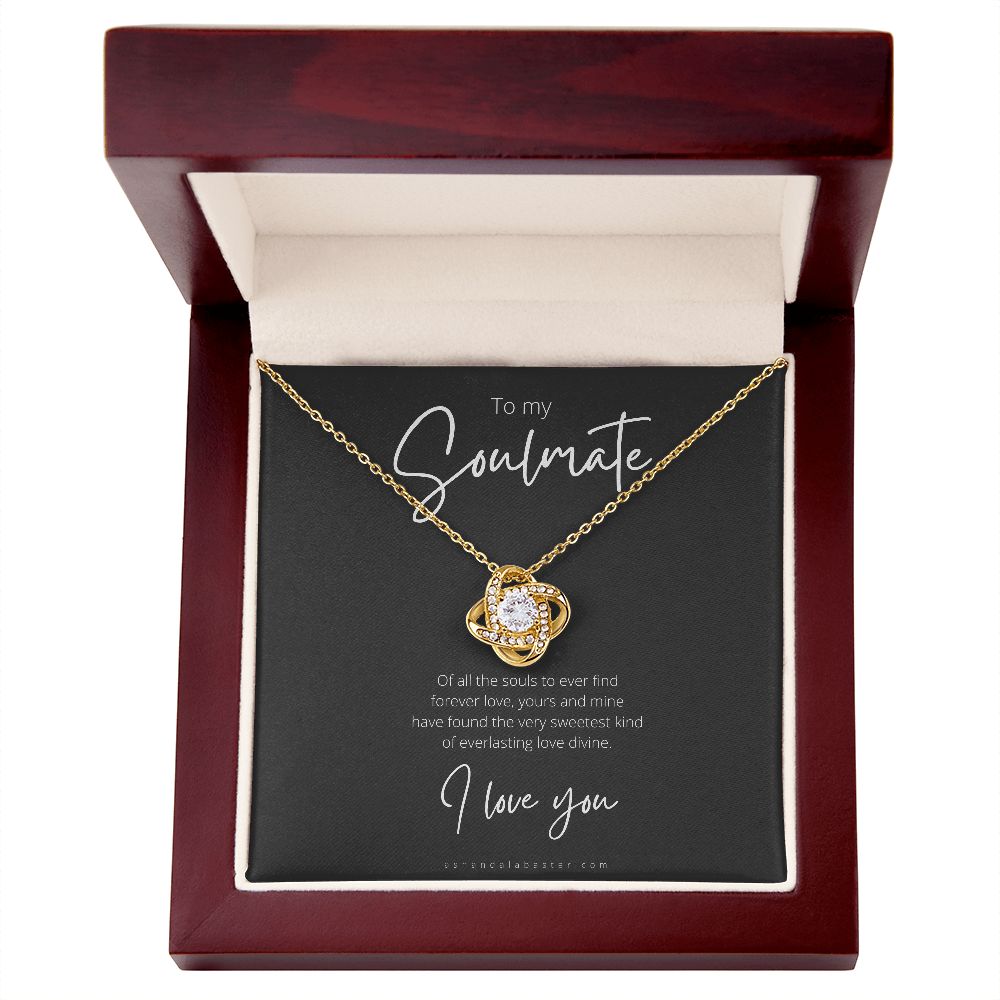 Soulmate, love knot necklace, 18 karat yellow gold, luxury mahogany box