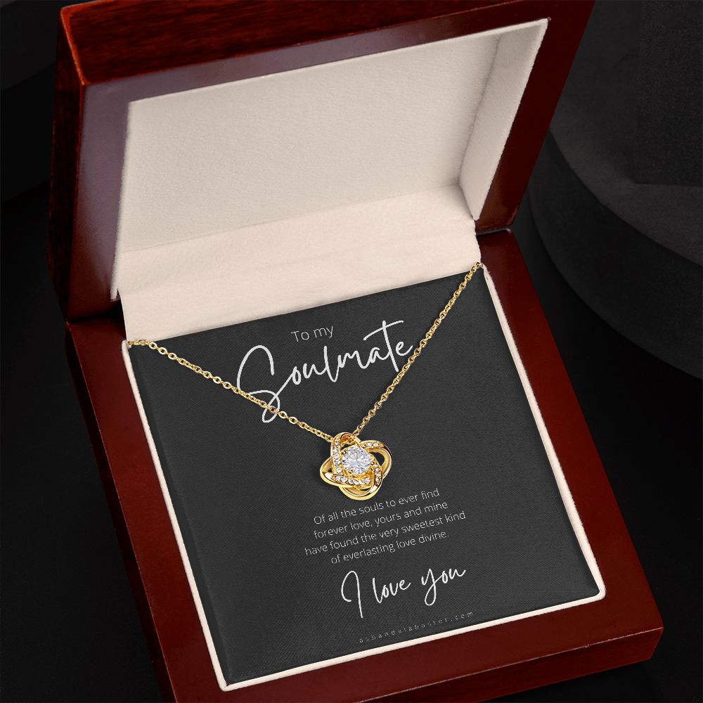 Soulmate, love knot necklace, 18 karat yellow gold, luxury mahogany box